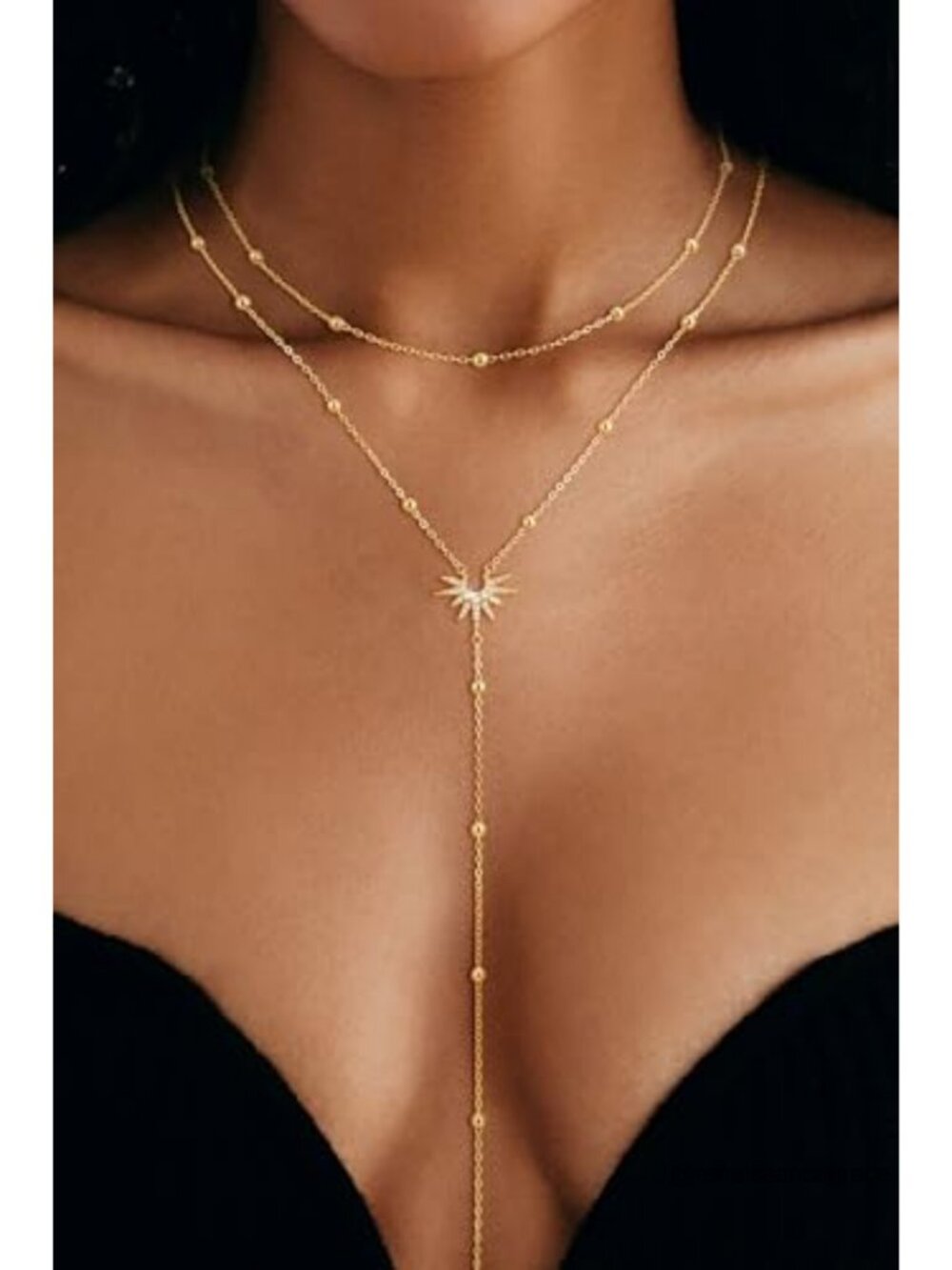 14K Gold Plated Lariat Y Necklace for Women Dainty Sun Pendant